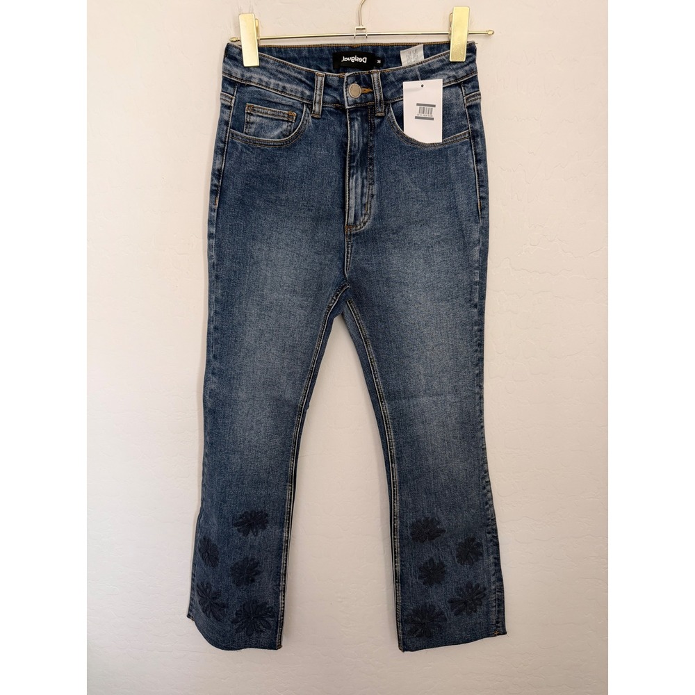 Desigual Floral Embroidered Raw Hem Crop Flare Jeans Blue Denim Womens Sz 26 NWT